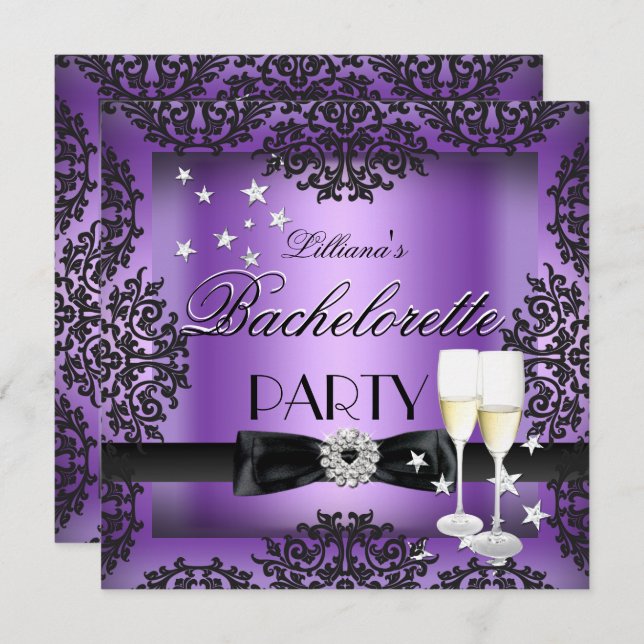 Invitation Bachelorette Party Champagne noir violet (Devant / Derrière)
