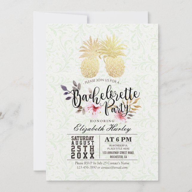 Invitation Bachelorette Party Chic Gold Foil Ananas Couple (Devant)