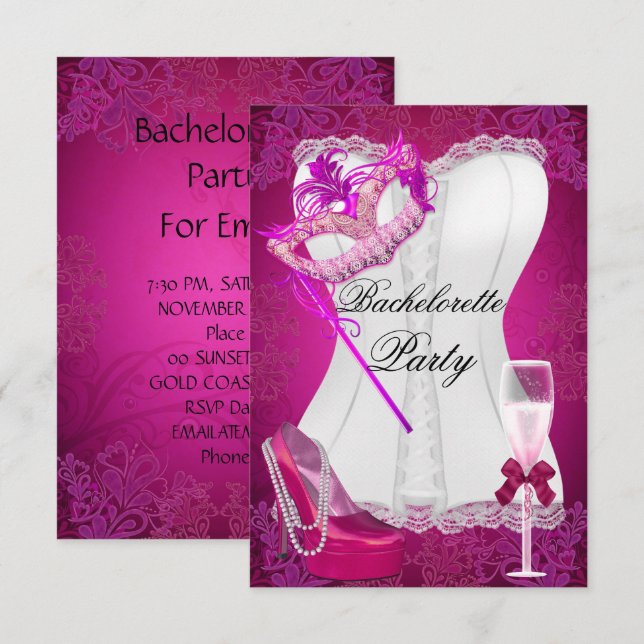 Invitation Bachelorette Party Corset Chaussures roses masque (Devant / Derrière)