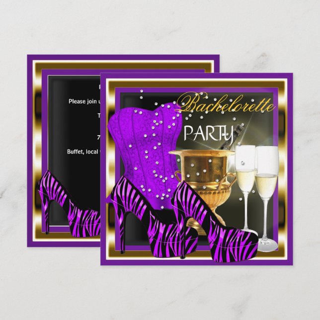 Invitation Bachelorette Party Corset Purple Zebra Gold (Devant / Derrière)