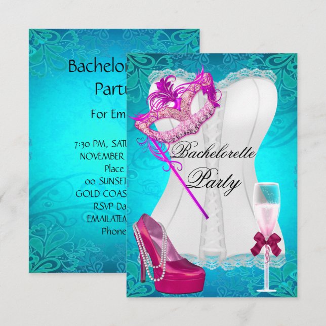 Invitation Bachelorette Party Corset Turquoise Rose Chaussure (Devant / Derrière)