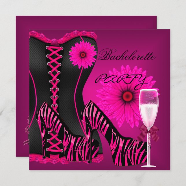 Invitation Bachelorette Party Corset Zebra Chaussures roses n (Devant / Derrière)