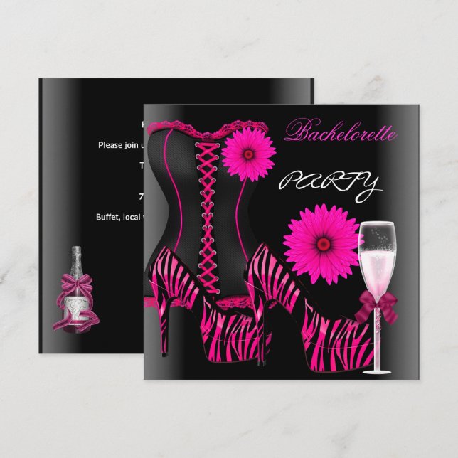 Invitation Bachelorette Party Corset Zebra Chaussures roses n (Devant / Derrière)