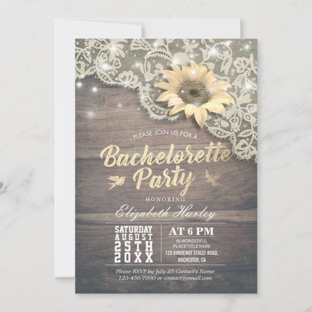 Invitation Bachelorette Party dentelle tournesol grange feux  (Devant)