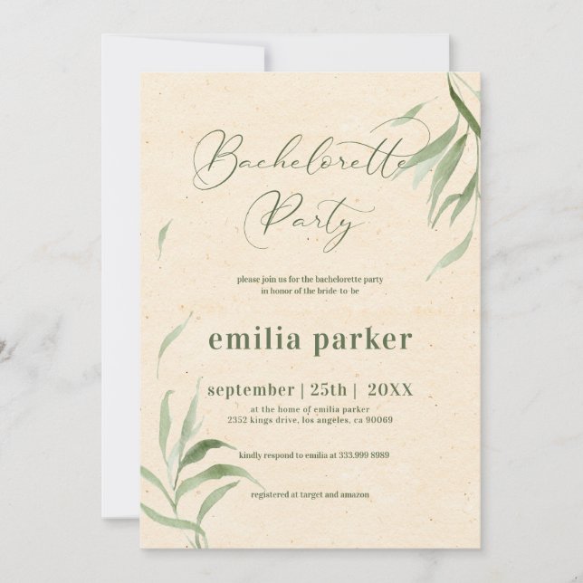 Invitation Bachelorette Party, feuillage vert Papier beige (Devant)