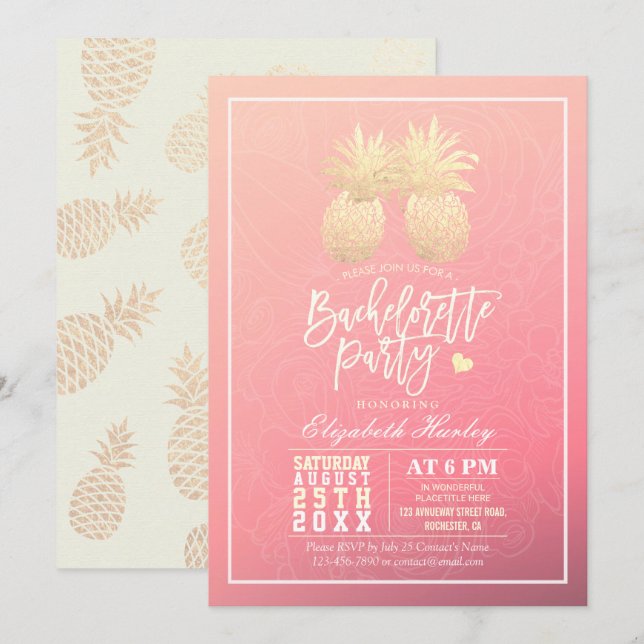 Invitation Bachelorette Party Gold Ananas Couple Rose rose (Devant / Derrière)