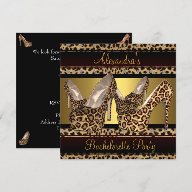 Invitation Bachelorette Party Hi Heel Chaussures Leopard Gold (Devant / Derrière)