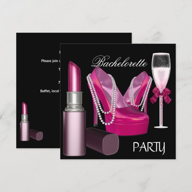 Invitation Bachelorette Party Lipstick Chaussures roses Champ (Devant / Derrière)