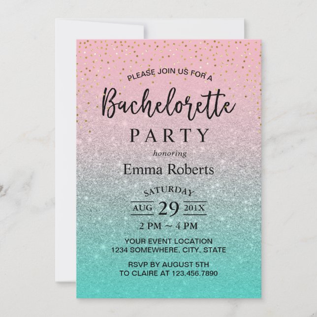 Invitation Bachelorette Party moderne rose argent Turquoise P (Devant)