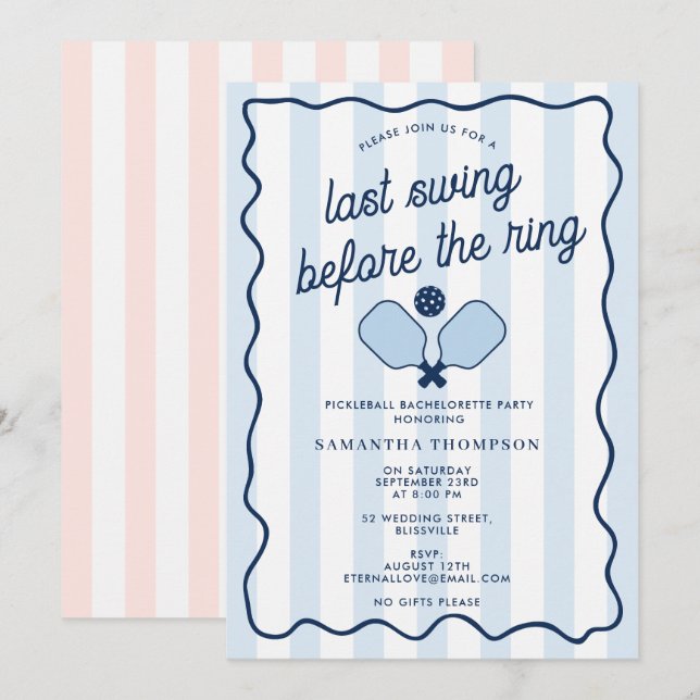Invitation Bachelorette Party Pickleball Bach Retro Stripes (Devant / Derrière)