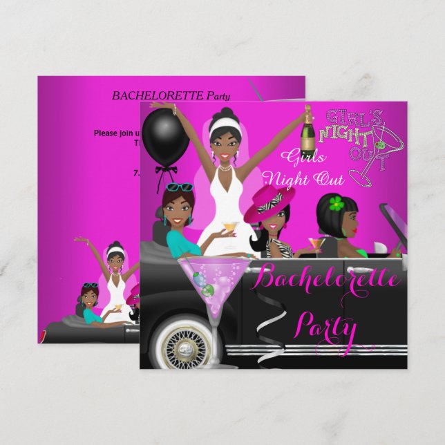 Invitation Bachelorette Party Pink Fun Limo Car Cocktails (Devant / Derrière)