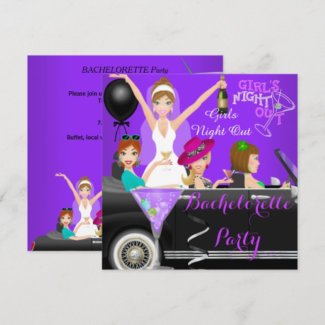 Invitation Bachelorette Party Purple Fun Limo Car Cocktails 1 (Devant / Derrière)