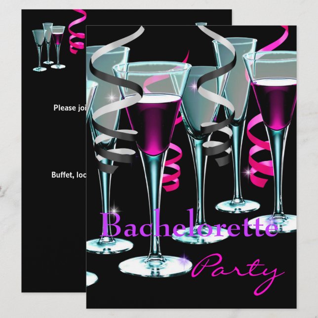 Invitation Bachelorette Party Purple Rose Black Boissons (Devant / Derrière)