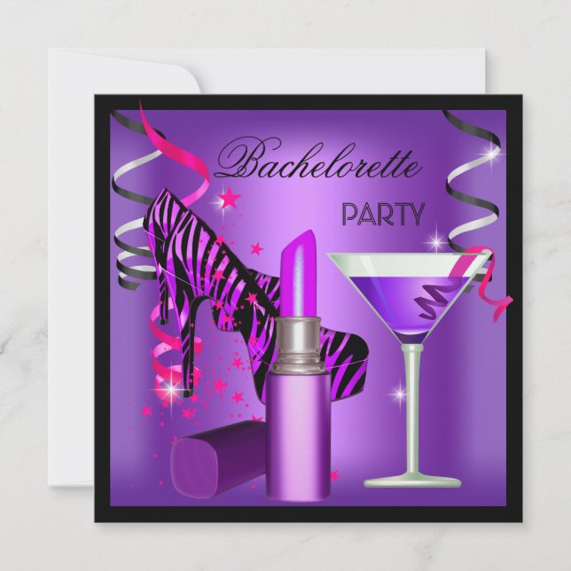 Invitation Bachelorette Party Purple rose Zèbre Lipstick (Devant)