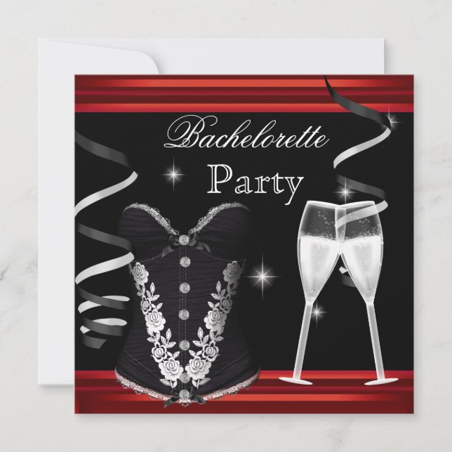 Invitation Bachelorette Party Red Corset Black Champagne (Devant)
