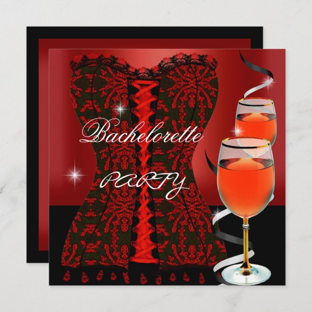 Invitation Bachelorette Party Red Corset Black Wine (Devant / Derrière)