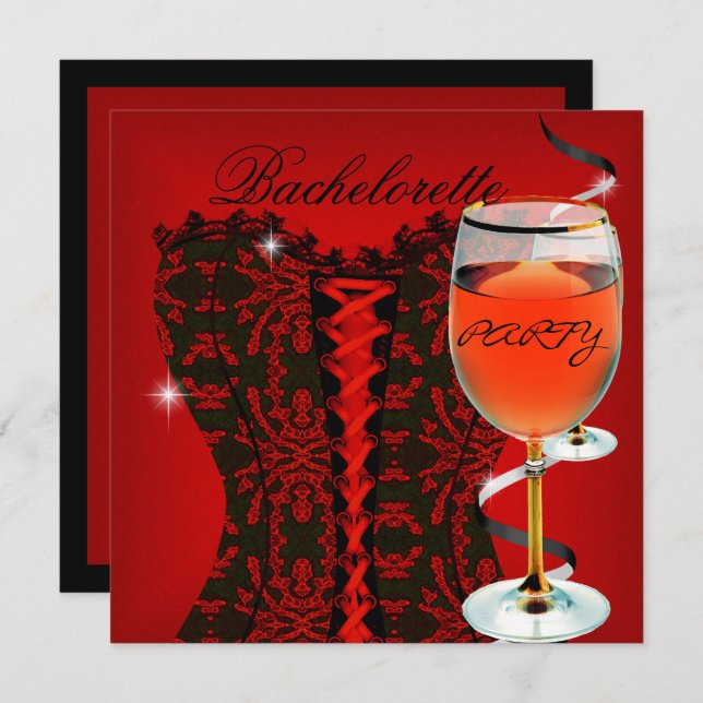 Invitation Bachelorette Party Red Corset Black Wine 2 (Devant / Derrière)