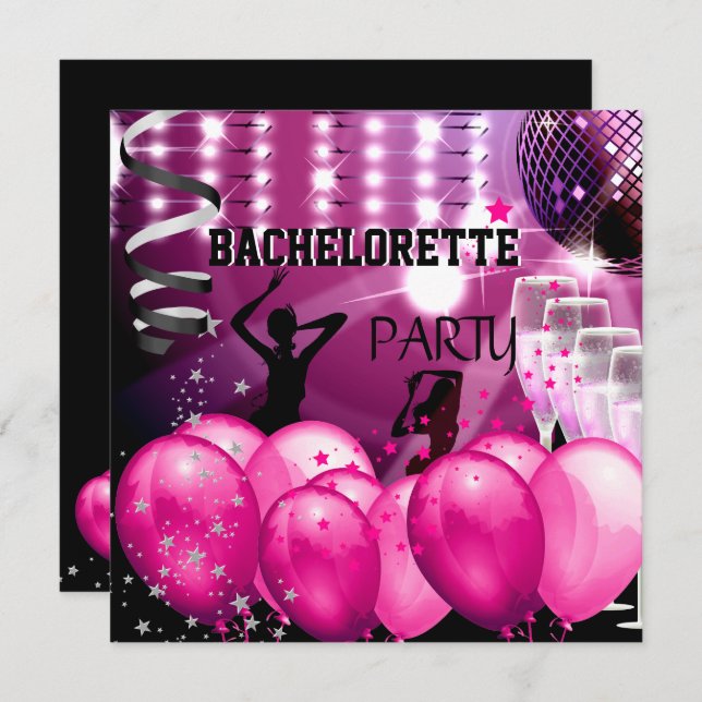 Invitation Bachelorette Party Rose Girl Disco Ball Balloons (Devant / Derrière)