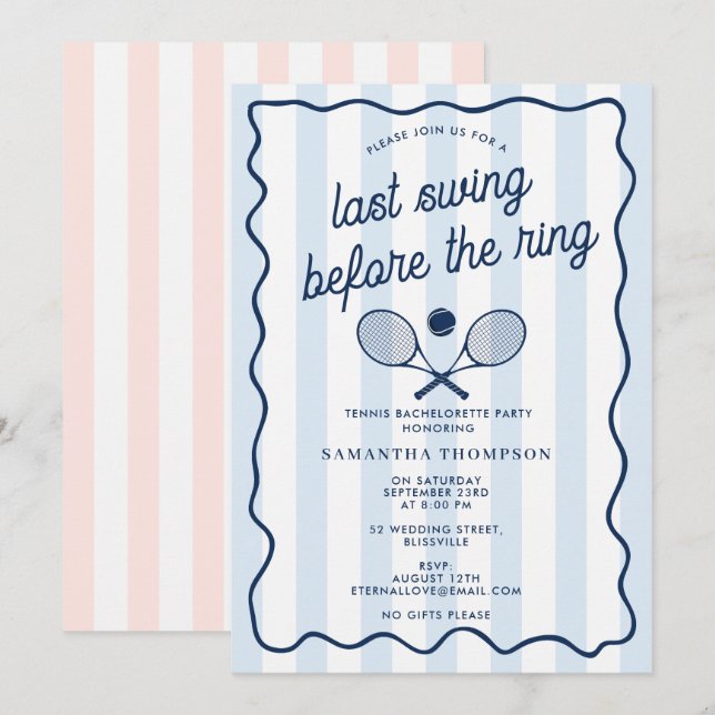 Invitation Bachelorette Party Tennis Bach Retro Stripes (Devant / Derrière)