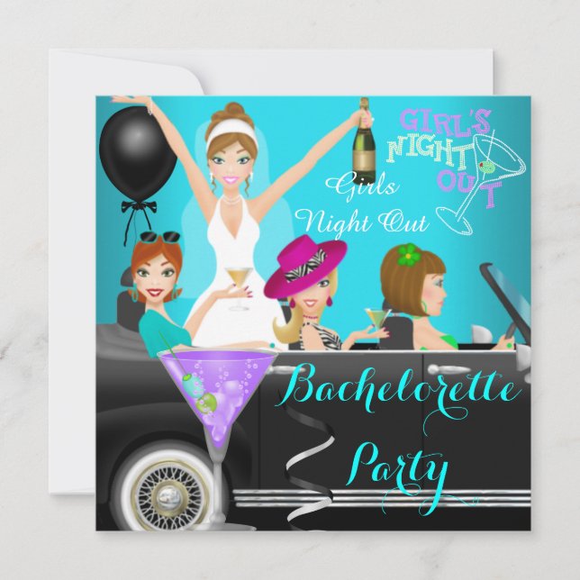 Invitation Bachelorette Party Turquoise Amusement Limo Car Co (Devant)