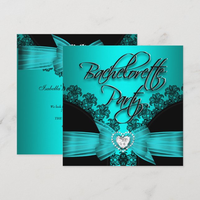 Invitation Bachelorette Party Turquoise bleu noir dentelle 2 (Devant / Derrière)