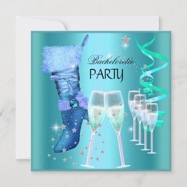 Invitation Bachelorette Party Turquoise Blue Boot Champagne (Devant)