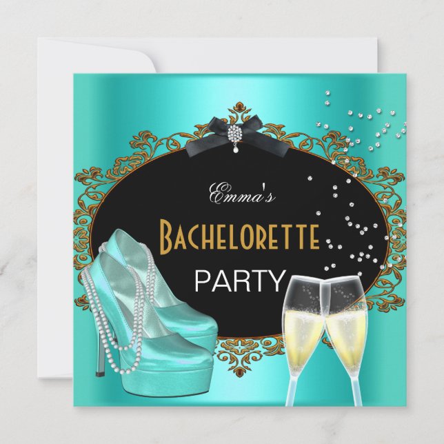 Invitation Bachelorette Party Turquoise Blue Gold Black Chaus (Devant)