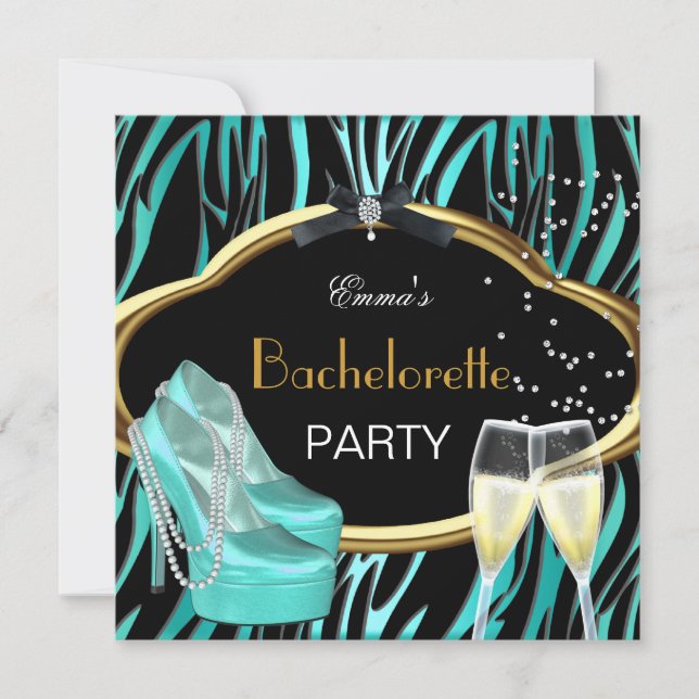 Invitation Bachelorette Party Turquoise Blue Gold Black Zebra (Devant)