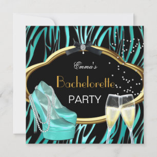 Invitation Bachelorette Party Turquoise Blue Gold Black Zebra