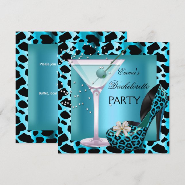 Invitation Bachelorette Party Turquoise Blue Leopard Chaussur (Devant / Derrière)