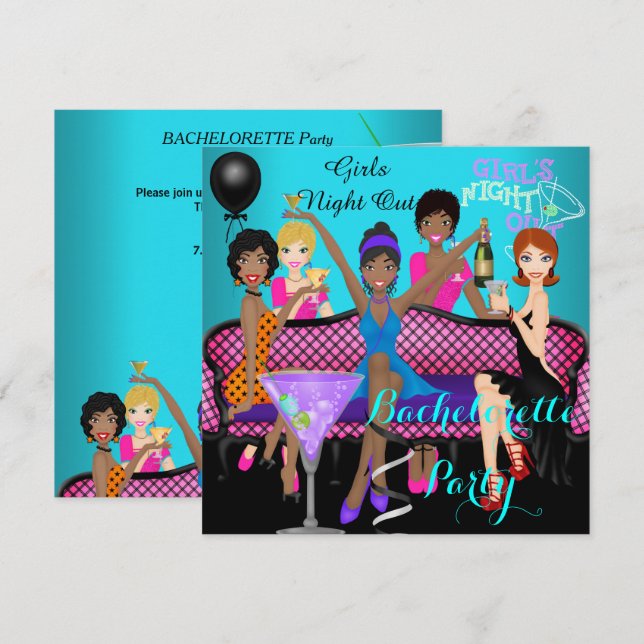 Invitation Bachelorette Party Turquoise rose Fun Girls Cockta (Devant / Derrière)