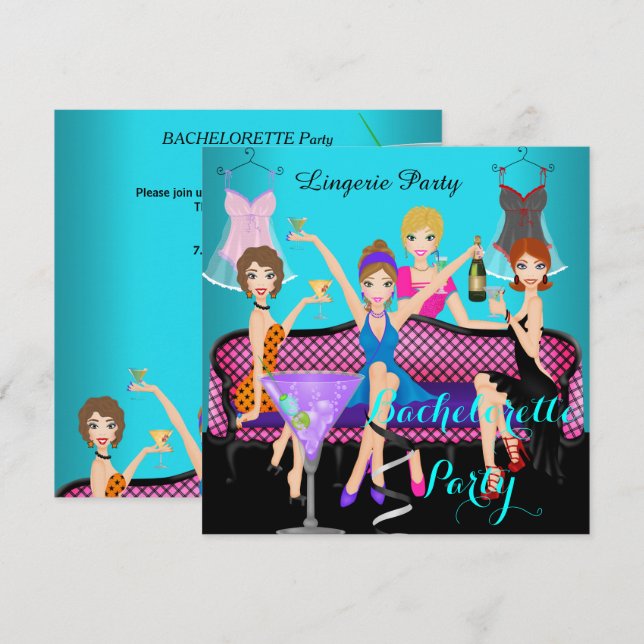 Invitation Bachelorette Party Turquoise rose Lingerie Cocktai (Devant / Derrière)