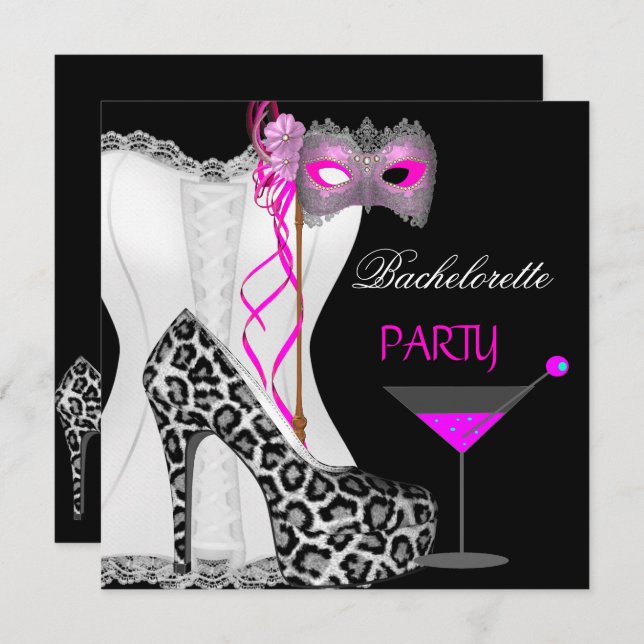 Invitation Bachelorette Party White Corset Pink Leopard (Devant / Derrière)