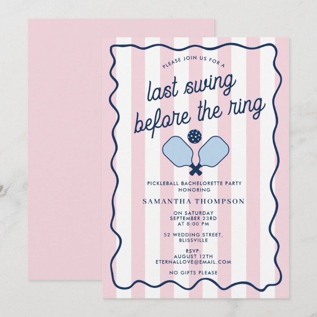 Invitation Bachelorette Pickleball Bach Pink Retro Stripes (Devant / Derrière)