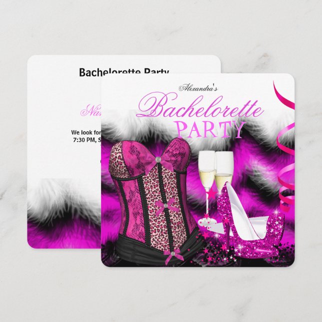 Invitation Bachelorette Plumes Corset Rose Champagne talons (Devant / Derrière)