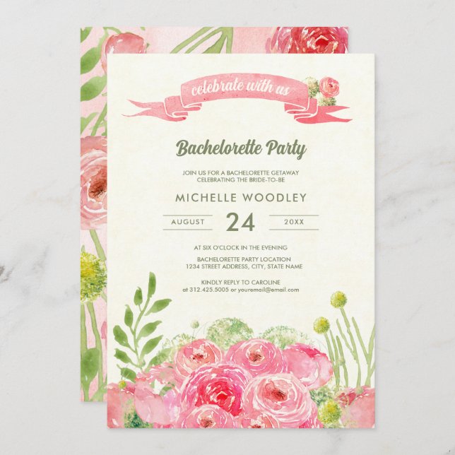 Invitation Bachelorette romantique Rose aquarelle (Devant / Derrière)