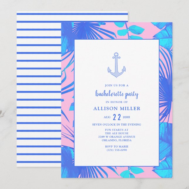 Invitation Bachelorette rose et bleu marine (Devant / Derrière)