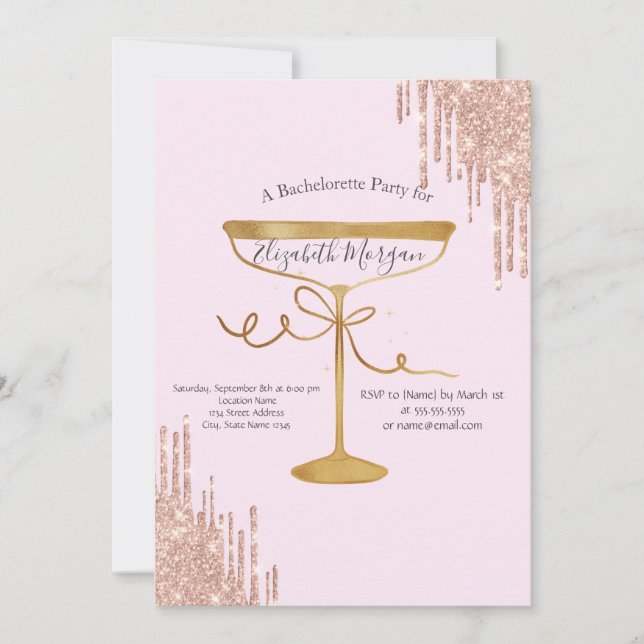 Invitation Bachelorette rose Verre parties scintillant (Devant)
