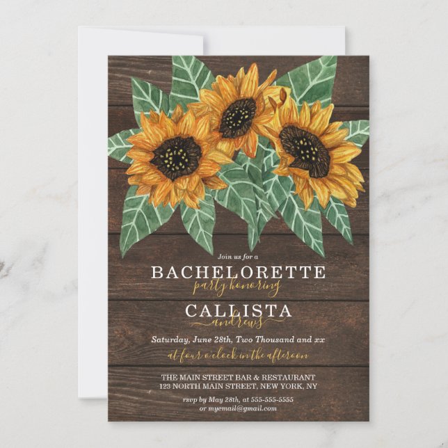 Invitation Bachelorette rustique en bois de tournesol (Devant)