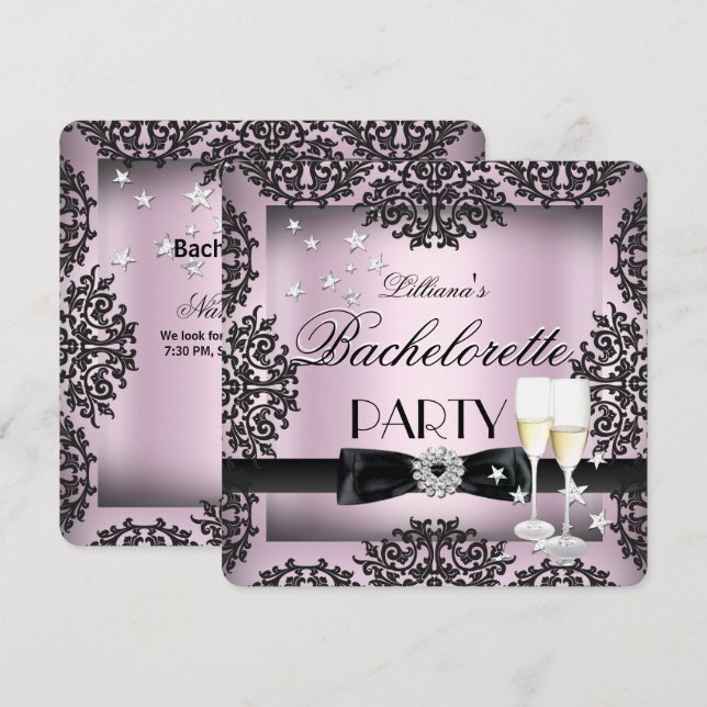Invitation Bachelorette Sliver Pink Black Champagne (Devant / Derrière)