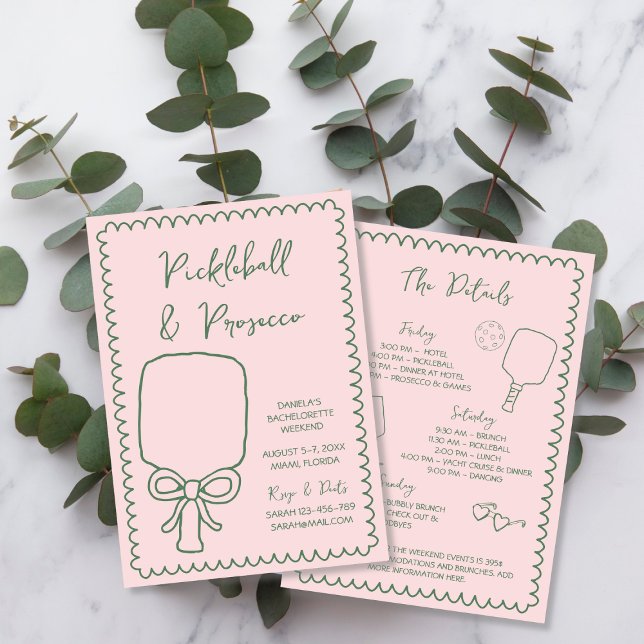 Invitation Bachelorette tirée à la main de Pickleball & Prose (Pickleball & Prosecco Hand Drawn Bachelorette Invitation)