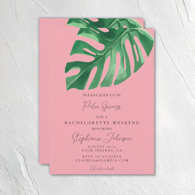 Invitation Bachelorette vert et rose Tropical Monstera (Créateur téléchargé)