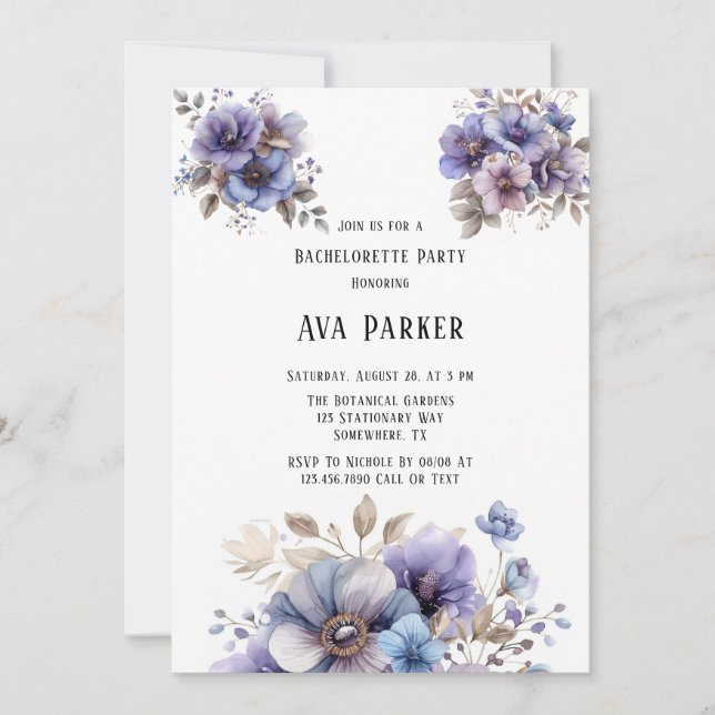 Invitation Bachelorette violette bleu peint Floral (Devant)
