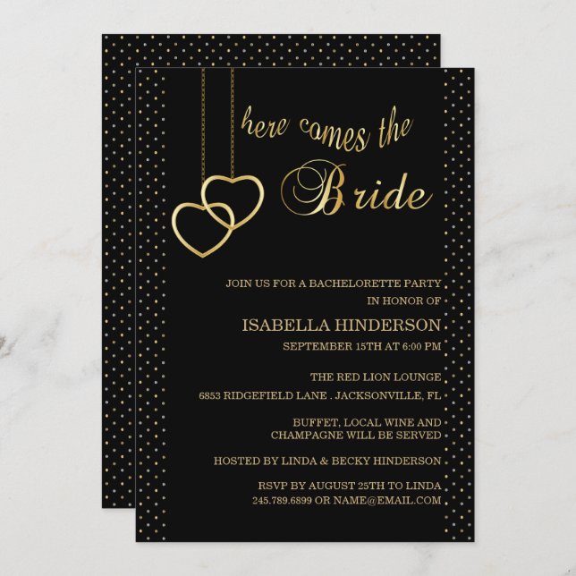 Invitation Bachelorette - Voici la mariée - Noir & Or (Devant / Derrière)