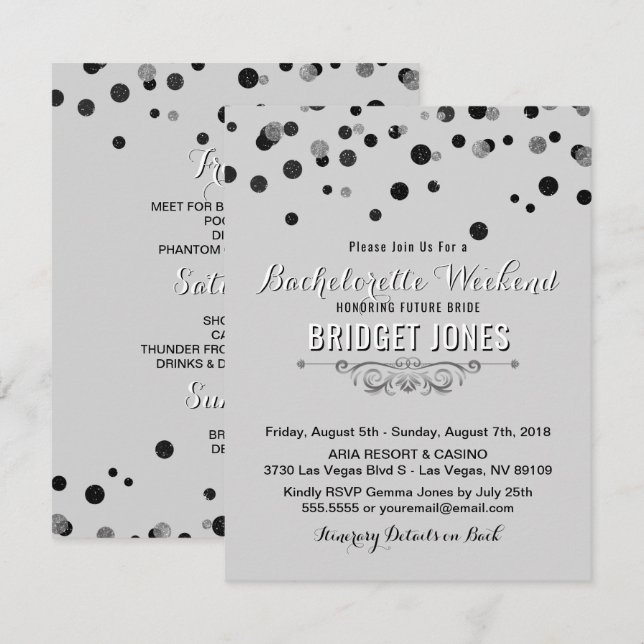 Invitation Bachelorette Week-end Itinéraire Black Silver Grey (Devant / Derrière)