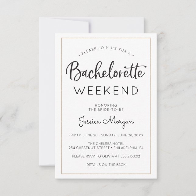 Invitation Bachelorette Week-end Itinéraire Gold Frame (Devant)