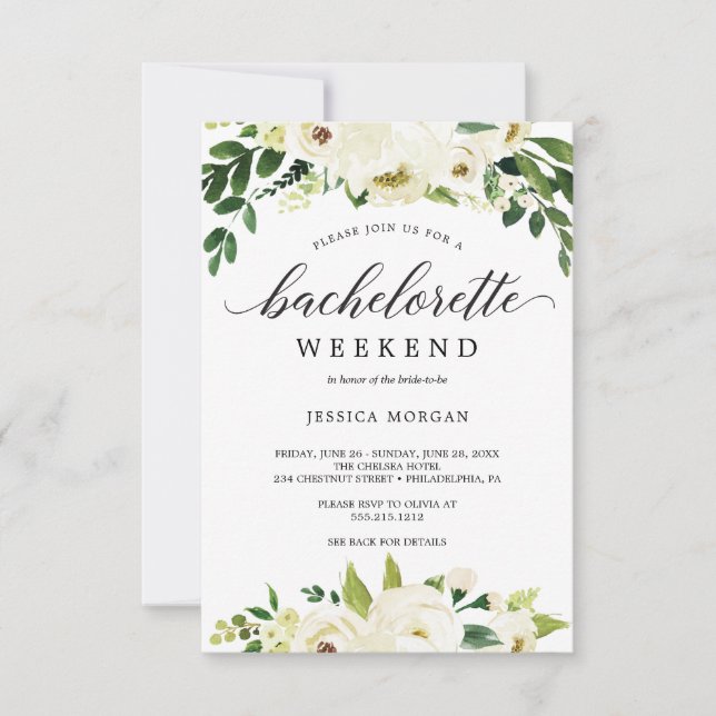 Invitation Bachelorette Week-end Itinéraire Roses blanches (Devant)