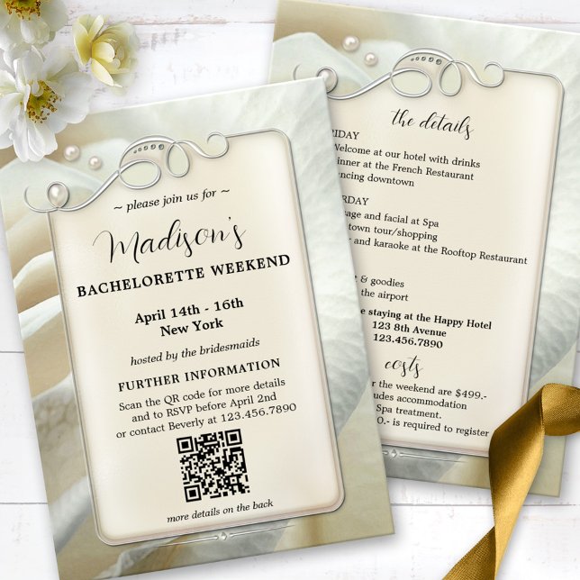 Invitation Bachelorette Weekend Itinéraire QR Code Modèle (Bachelorette weekend getaway invitation QR  program template with pearls and silver on an ivory rose)