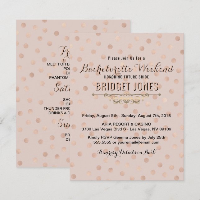 Invitation Bachelorette Weekend Itinéraire Rose Gold Confetti (Devant / Derrière)