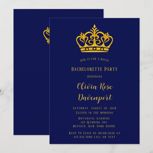 Invitation Bachelorte Royale de la Couronne Bleue et Or (Devant / Derrière)